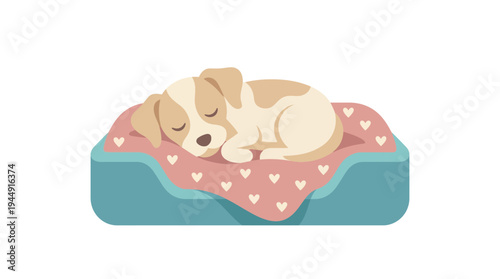 A sleeping dog lies on a heart-patterned cushion on its dog bed.