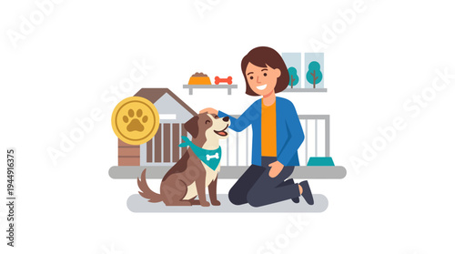 Woman kneels down to pet a brown dog in a cozy home environment with furniture.