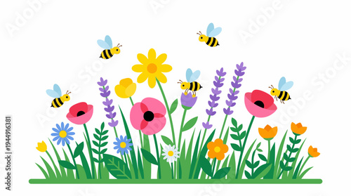 Colorful flowers and bees fly in a vibrant garden scene with lush greenery present.