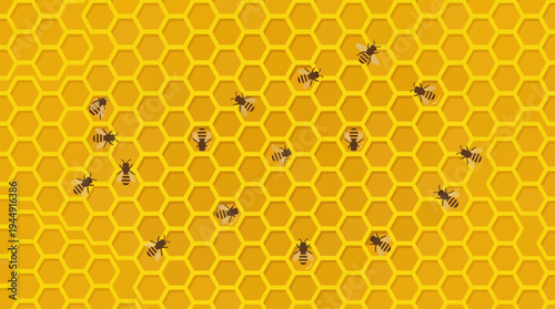 Bees fly around a honeycomb filled with honey in a natural apiary environment closely.