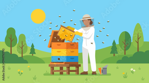 Beekeeper in a green field opens a colorful beehive on a sunny day with trees.