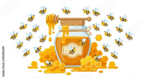 Bees swarm around a honey jar with dripping honey and honeycomb on the ground