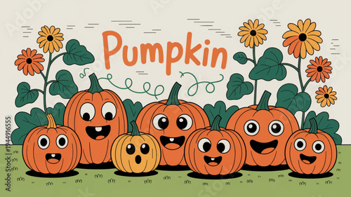 Smiling pumpkins with happy faces in garden with flowers and green grass on autumn day