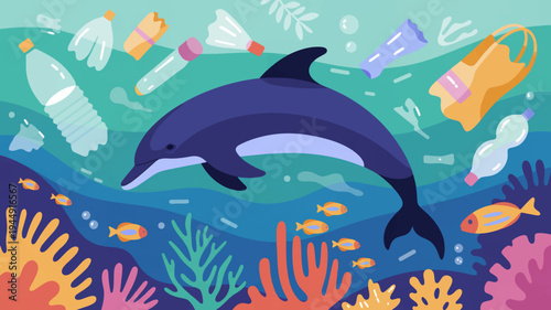 Dolphin swims through ocean pollution with coral reef and fish surrounded by plastic bottles and trash in the sea
