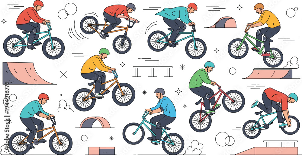 Naklejka premium BMX Bike Rider Vector Set Featuring Young Athletes Performing Stunts And Tricks In Skatepark With Ramps And Rails Flat Line Style