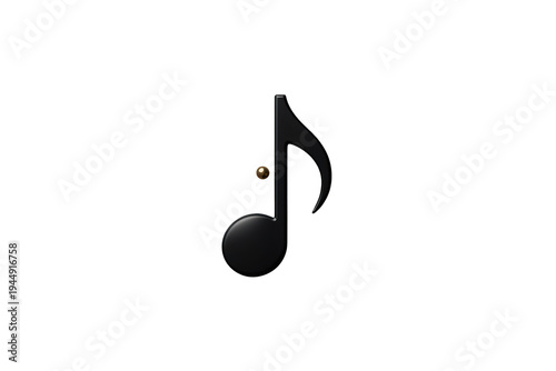 Black eighth music note with a golden dot, rendered in 3d with a glossy finish, representing sound and musical expression