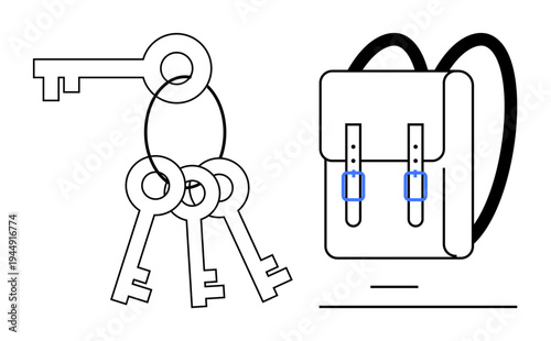 Security, personal organization, travel essentials, access control, storage, school supplies. Minimalist black and white illustration of keys and a backpack. Security and personal organization