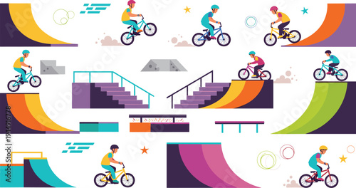 BMX Riders Performing Stunts On Ramps And Stairs In Skatepark Vector Illustration Set For Extreme Sports And Youth Activities