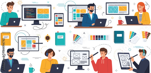 Creative Web Designers And Developers Working On Computers With UI UX Design Tools Coding And Graphic Software Flat Vector Set