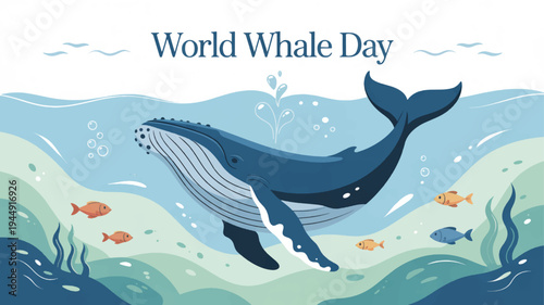 Whale swimming underwater ocean with fish sea creatures world whale day conservation
