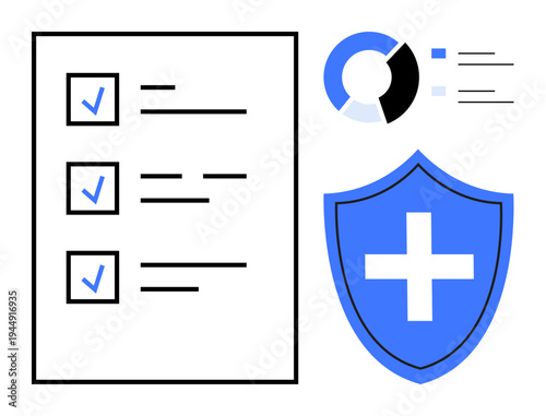 Data security, healthcare, analytics, compliance, health protection, organization. Checklist with marked boxes, pie chart and shield. Data security and healthcare conveyed visually