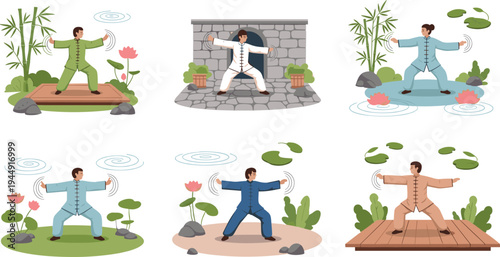 Tai chi and qigong martial arts practice set featuring characters in traditional clothing performing meditation exercises in nature garden