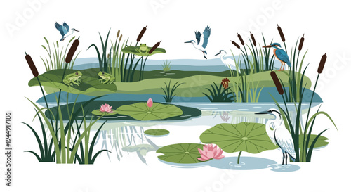 Vector illustration of a wetland ecosystem with flora and fauna, featuring a crane, fish, and wetland flowers, celebrating World Wetlands Day on a natural background.
