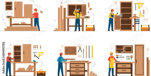 Professional carpentry and woodworking vector set featuring carpenters building furniture in workshop with tools lumber workbench and cabinets for industry