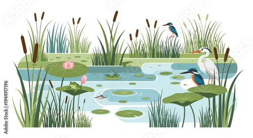 Vector illustration of a serene wetland ecosystem with flora and fauna, featuring a crane, fish, and wetland flowers, celebrating World Wetlands Day on a clean background.