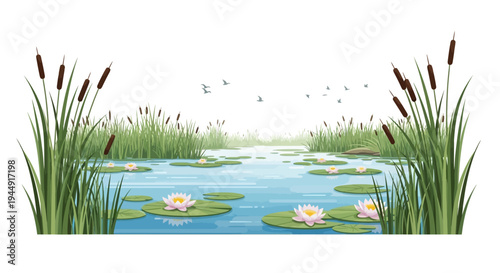 Vector illustration of a serene wetland ecosystem with a crane, fish, and wetland flowers for World Wetlands Day, featuring a natural background with flora and fauna.