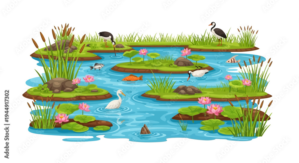 Obraz premium Vector illustration of a wetland ecosystem with flora and fauna, featuring a crane, fish, and wetland flowers, celebrating World Wetlands Day on a simple background.