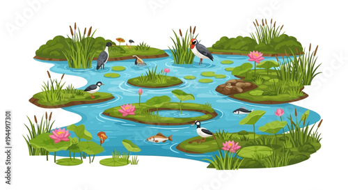 Vector illustration of a vibrant wetland ecosystem with flora and fauna, featuring a crane, fish, and wetland flowers, celebrating World Wetlands Day on a white background.