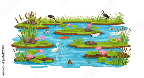 Vector illustration of a wetland ecosystem with flora and fauna, featuring a crane, fish, and wetland flowers, celebrating World Wetlands Day on a simple background.