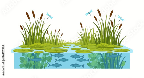 Vector illustration of a wetland ecosystem with flora and fauna, featuring a crane, fish, and wetland flowers, celebrating World Wetlands Day on a simple background.
