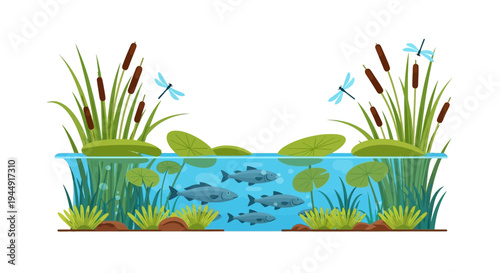Vector illustration of a vibrant wetland ecosystem with flora and fauna, featuring a crane, fish, and wetland flowers, celebrating World Wetlands Day on a clean background.
