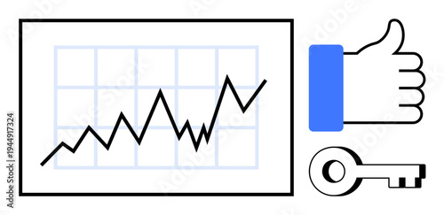 Business growth concept. Business growth with graph rising, thumbs-up symbol for success, and key for strategy. Business growth in marketing, strategy, success, analytics, and investment