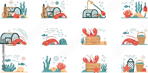 Lobster fishing vector illustration set featuring lobster traps sea creatures coral reefs and seafood harvesting equipment for nautical theme designs