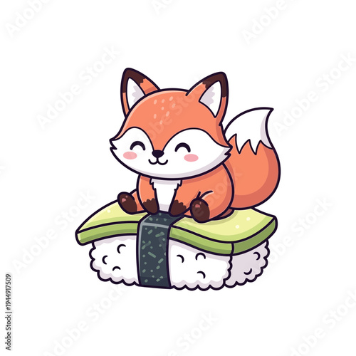 Adorable cartoon fox sitting on a delicious piece of sushi, a delightful blend of cute animal and popular Japanese cuisine