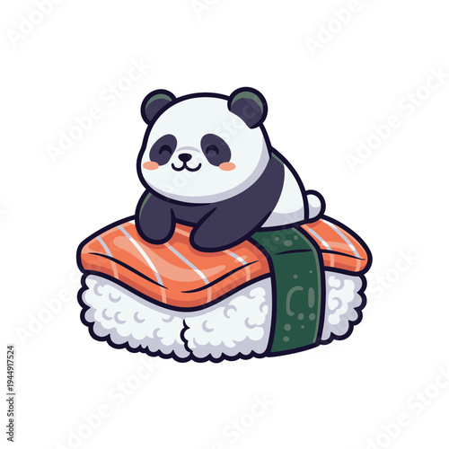 Adorable cartoon panda happily resting on a delicious piece of salmon sushi, a charming and playful illustration perfect for food-related designs, children's products, or restaurant branding