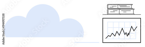 Cloud computing, data visualization, analytics, education, learning resources, business growth. A cloud icon, stacked books and a rising graph. Cloud computing and data visualization concept