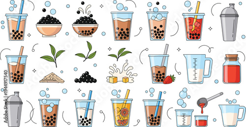 Large collection of bubble tea icons featuring boba pearls milk tea fruit drinks shakers and ingredients for cafe menu design and digital marketing