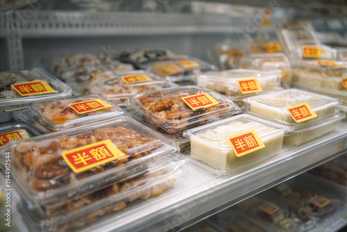 スーパーの半額シールが貼られた惣菜売り場　物価高と節約志向の買い物イメージ