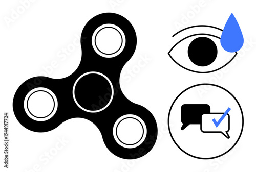 Black fidget spinner, open eye with teardrop, speech bubbles with checkmark. Ideal for stress relief, focus, mental health, sensory tools, communication, productivity mindfulness simple flat