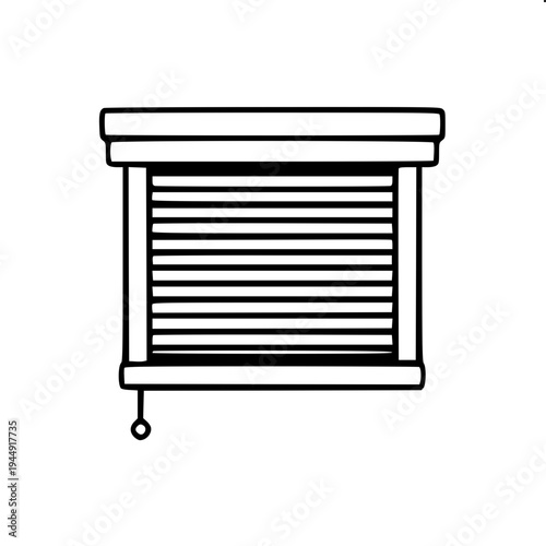 Home automation blinds icon, window with horizontal shutter slats and a remote controller, simple monochrome black glyph, clean vector illustration on white background.