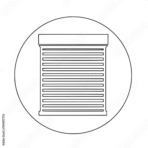 Home automation blinds icon, window with horizontal shutter slats and a remote controller, simple monochrome black glyph, clean vector illustration on white background.