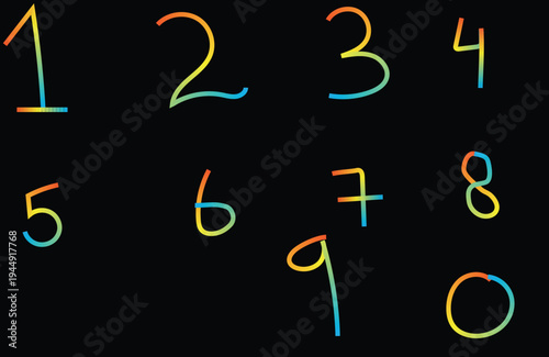 Colorful Neon Gradient Numbers Set 0-9 on Black Background, Gradient Lines Typography for Digital Clock, Countdown Timer, Kids Learning, Education Design, UI Display