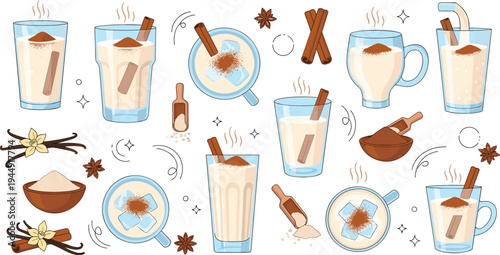 Delicious holiday eggnog and spiced latte collection featuring cinnamon sticks vanilla beans and festive winter drinks in vector