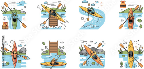 Flat line vector illustration set of people kayaking and canoeing on lake water with paddles life jackets and nature