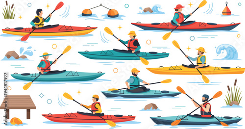 Large collection of people kayaking on water featuring various colorful kayaks paddles life jackets and lake elements flat vector