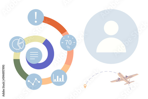 Data analysis, travel planning, business strategy, user identification, infographics, and aviation concepts. Circular chart with metrics, user icon and airplane path. Data analysis and travel
