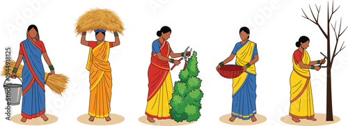 Indian women in traditional sarees vector set featuring rural activities like harvesting gardening and carrying water in flat design