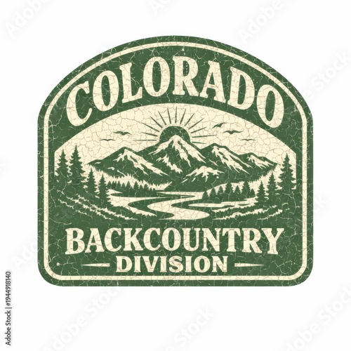 Vintage Colorado backcountry division emblem with mountain landscape and sunrise outdoor adventure badge design