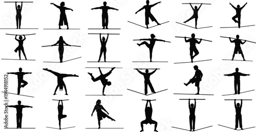 Tightrope walker silhouette set featuring performers on high wire in various acrobatic poses for circus and conceptual balance design