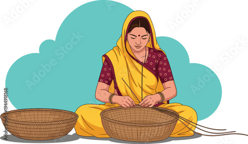 Flat vector illustration of a woman in a traditional yellow saree weaving handmade wicker baskets