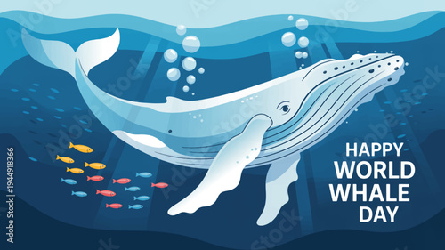 Whale swimming with school of fish underwater ocean scene with bubbles on world whale day