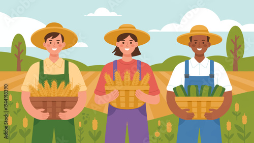 Three diverse farmers holding baskets of fresh produce in a sunny agricultural field with green plants and wheat
