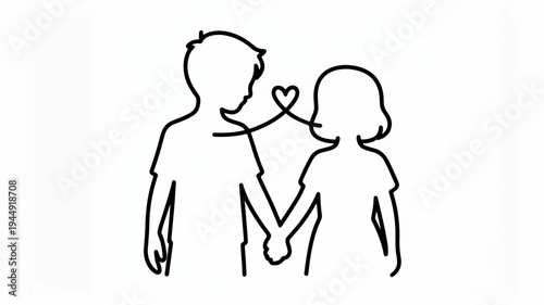 Loving couple silhouette with heart romantic gesture minimalist line art black and white simple illustration