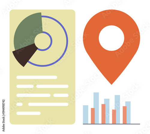 Data analysis, geolocation, marketing, visualization, business strategy, insights. Pie chart, location pin bar graph in simplistic design. Data analysis and geolocation tool concepts