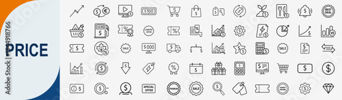 Price and financial transaction icons set, outline symbols for retail pricing money value discount labels and economic analysis vector illustration