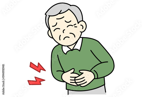 Senior man suffering from stomach pain and abdominal discomfort in healthcare concept illustration